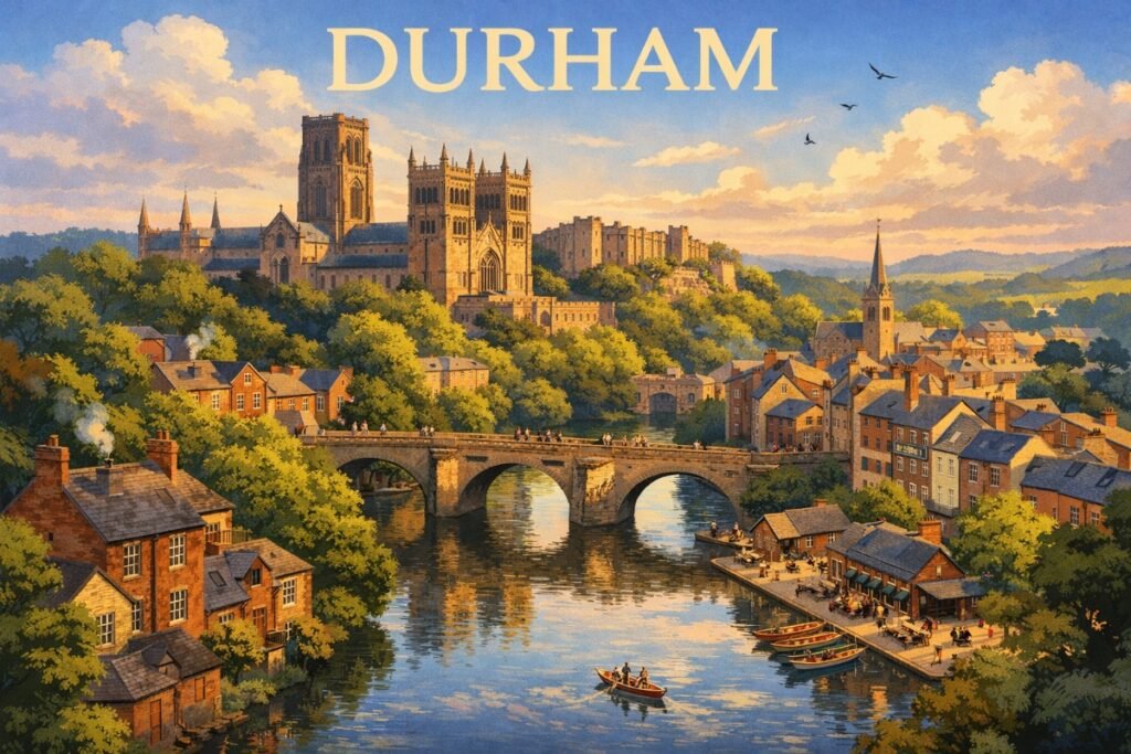 Durham city skyline with River Wear and cathedral