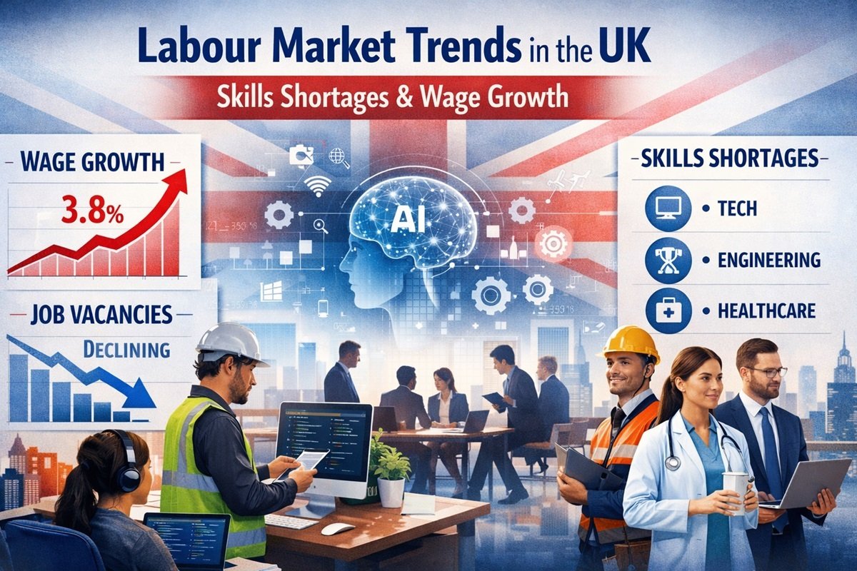UK labour market trends showing skills shortages wage growth and employment challenges