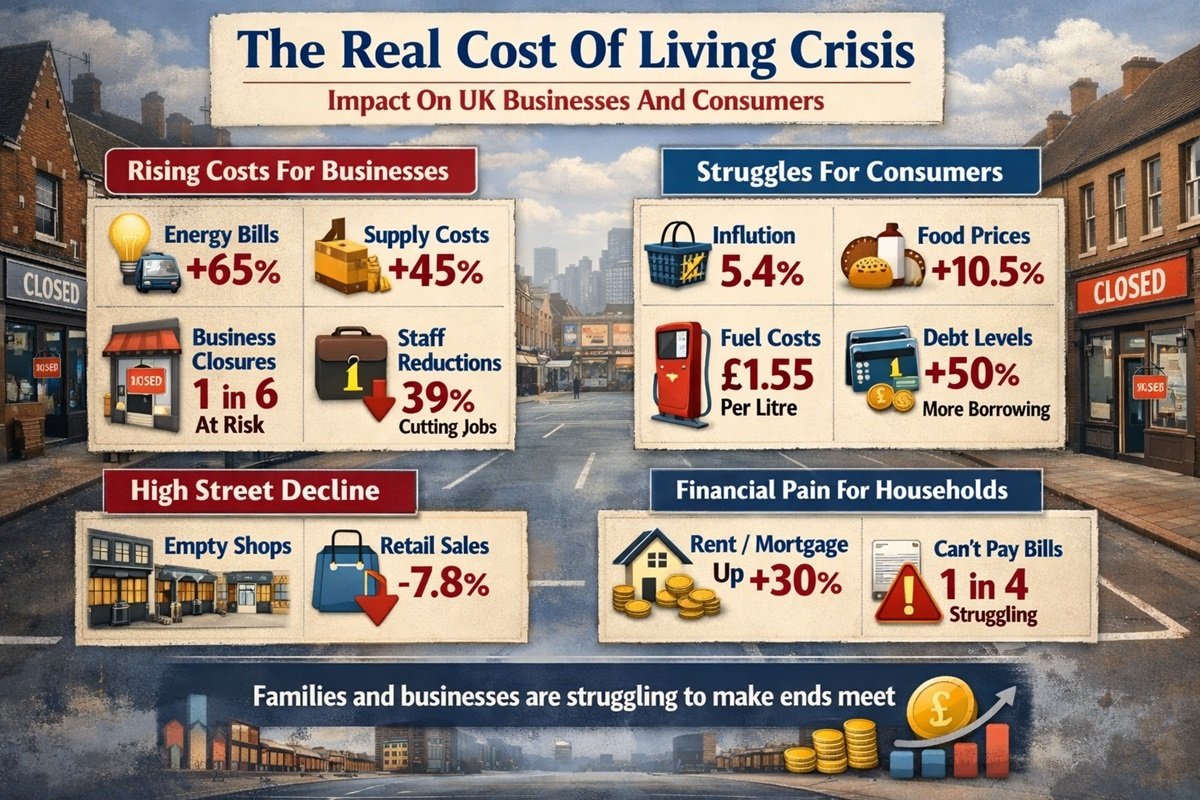UK cost of living crisis impact on households and businesses showing rising expenses inflation and economic pressure