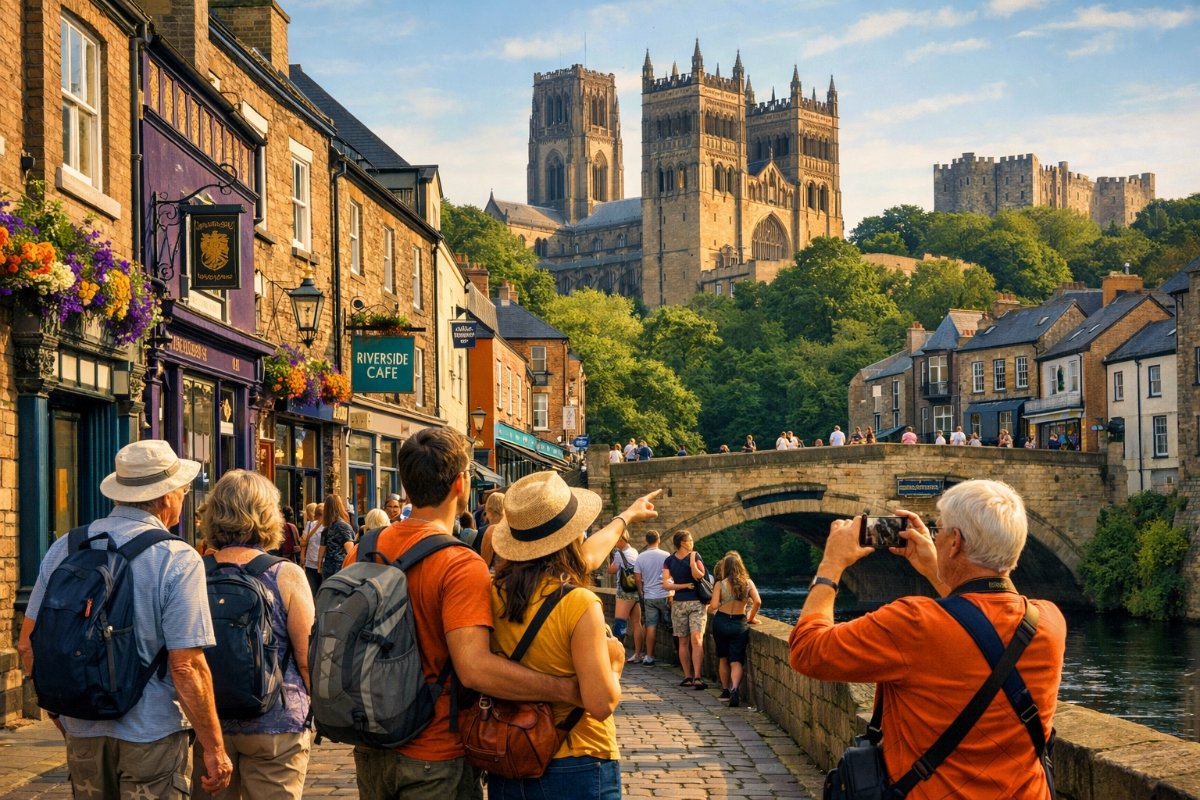 Visitors exploring streets and attractions in Durham UK
