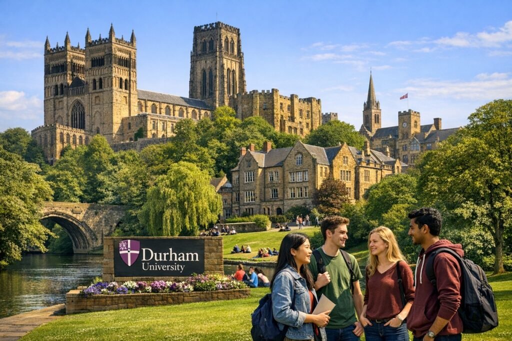 Durham Cathedral and Castle viewed from the River Wear, with Durham University students walking along the riverbank