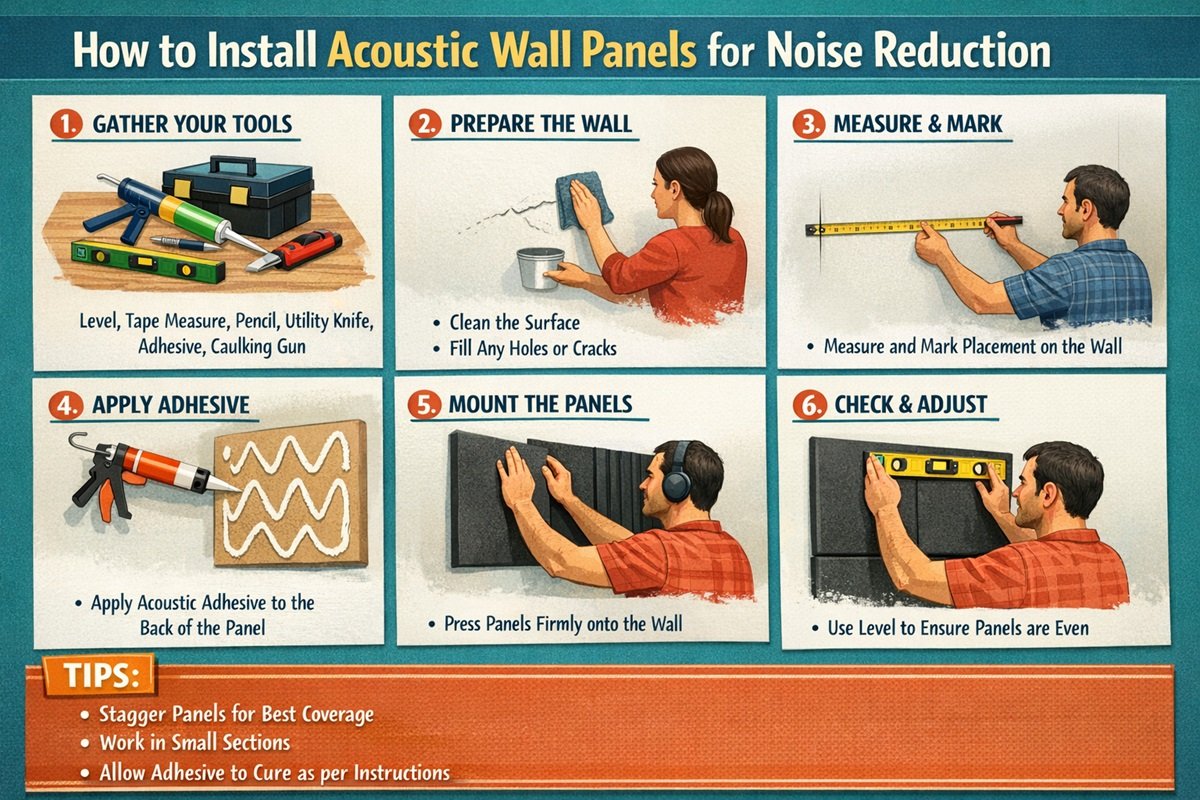 DIY acoustic panel installation process for reducing echo and noise in room