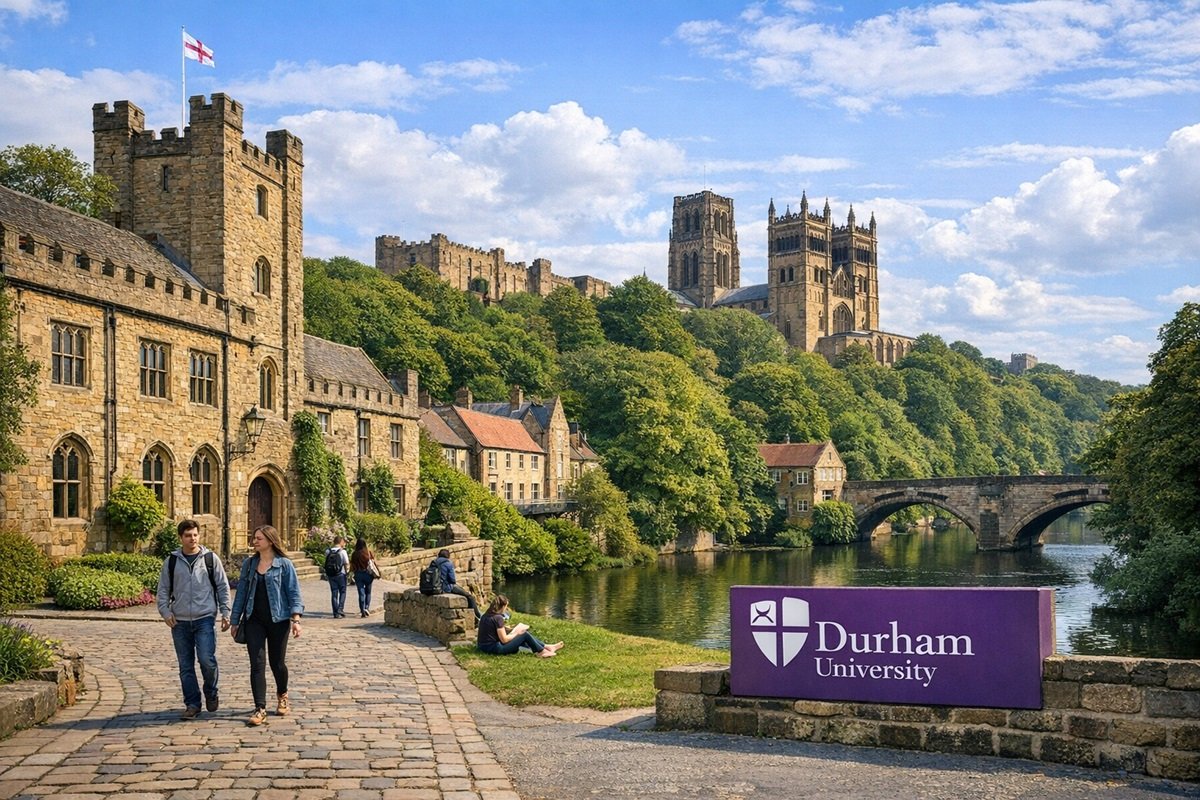 Durham University UK historic campus with cathedral and river view
