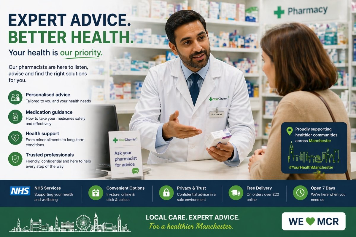 pharmacist consulting patient Manchester