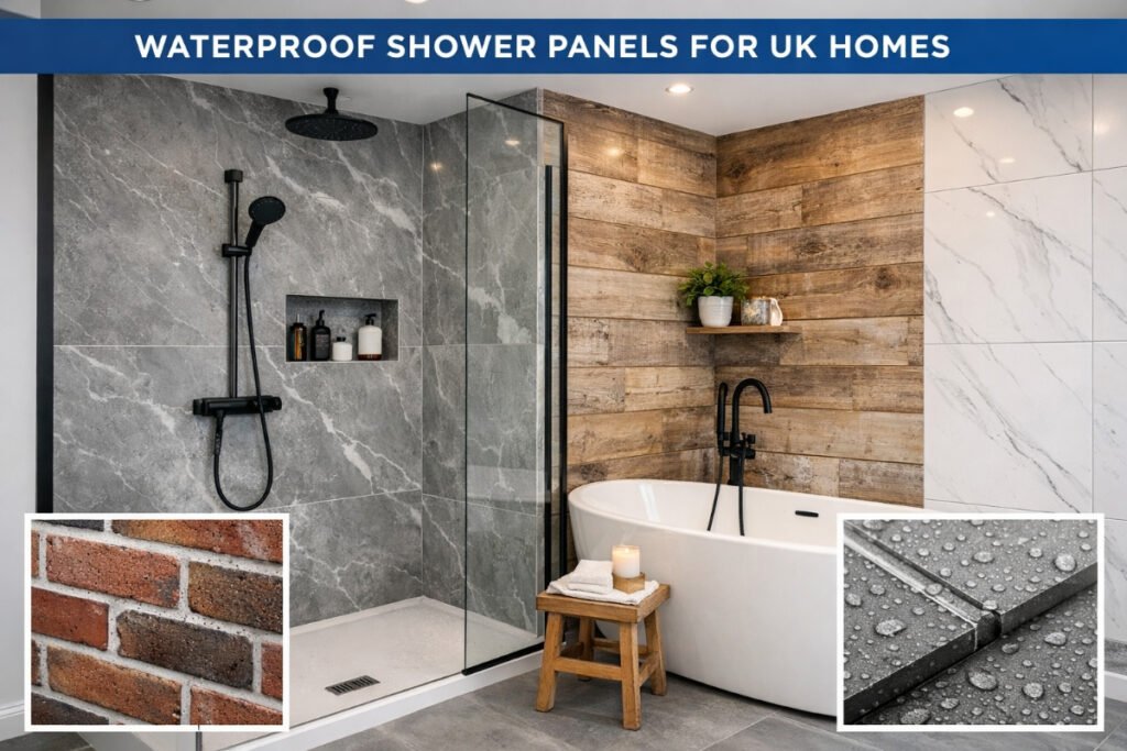 Modern waterproof shower panels installed in a UK home bathroom with grey marble wall design