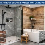 Modern waterproof shower panels installed in a UK home bathroom with grey marble wall design