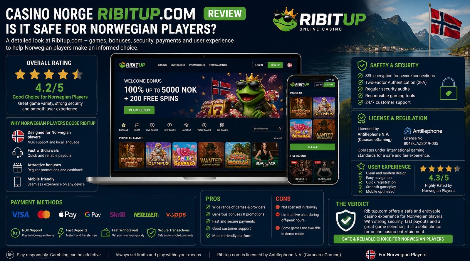 Online casino interface review showing Ribitup platform safety and features for Norwegian players