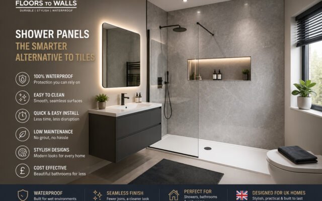 Modern UK bathroom with Floors to Walls shower panels replacing traditional wall tiles