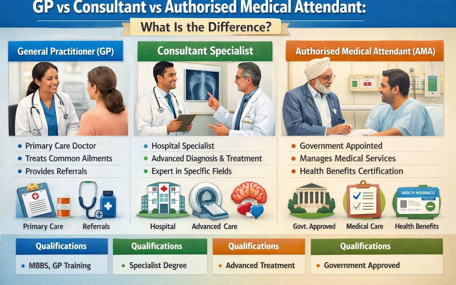 Difference between GP, Consultant, and Authorised Medical Attendant explained in healthcare services