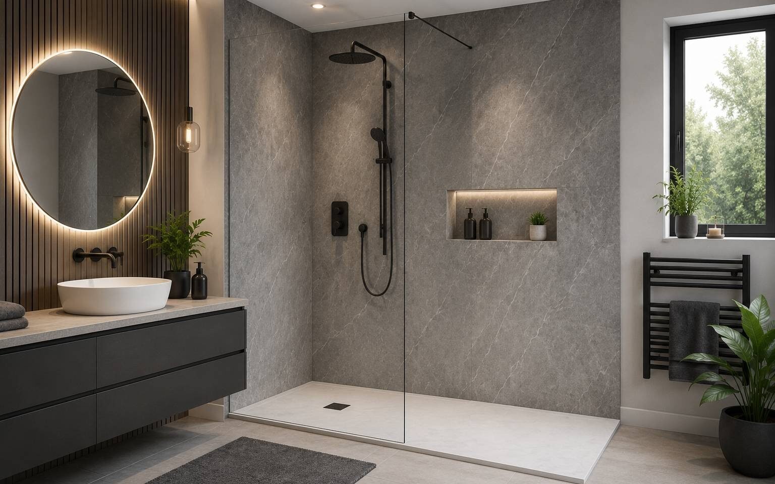 Modern waterproof shower board panels installed in a stylish contemporary UK bathroom