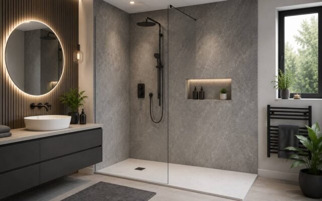 Modern waterproof shower board panels installed in a stylish contemporary UK bathroom
