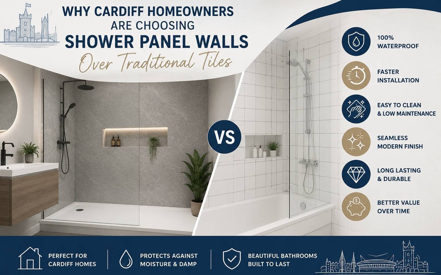 Cardiff bathroom featuring modern shower panel walls as an alternative to traditional tiles